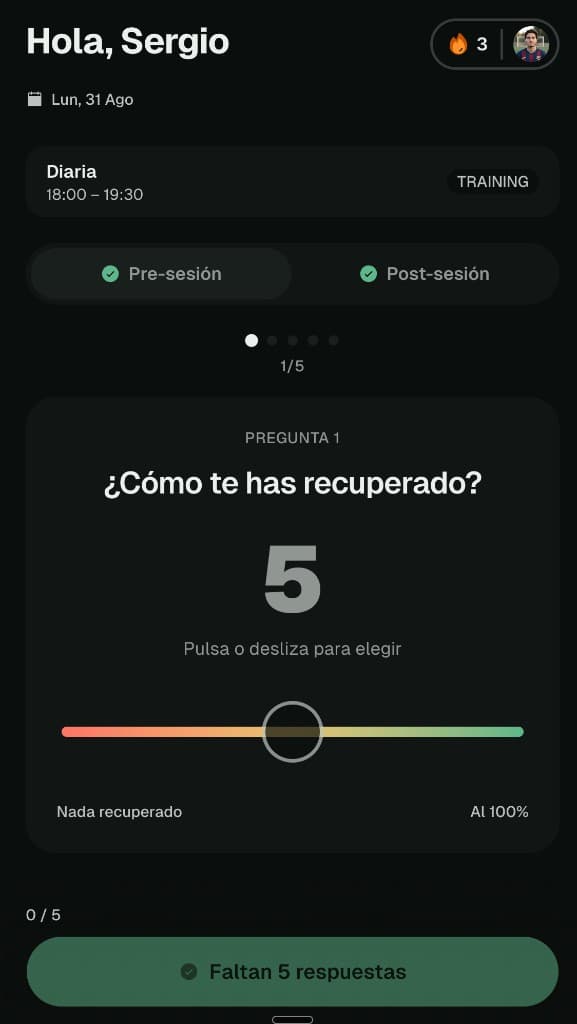 Player check-in screen with a recovery slider question and pre/post session status