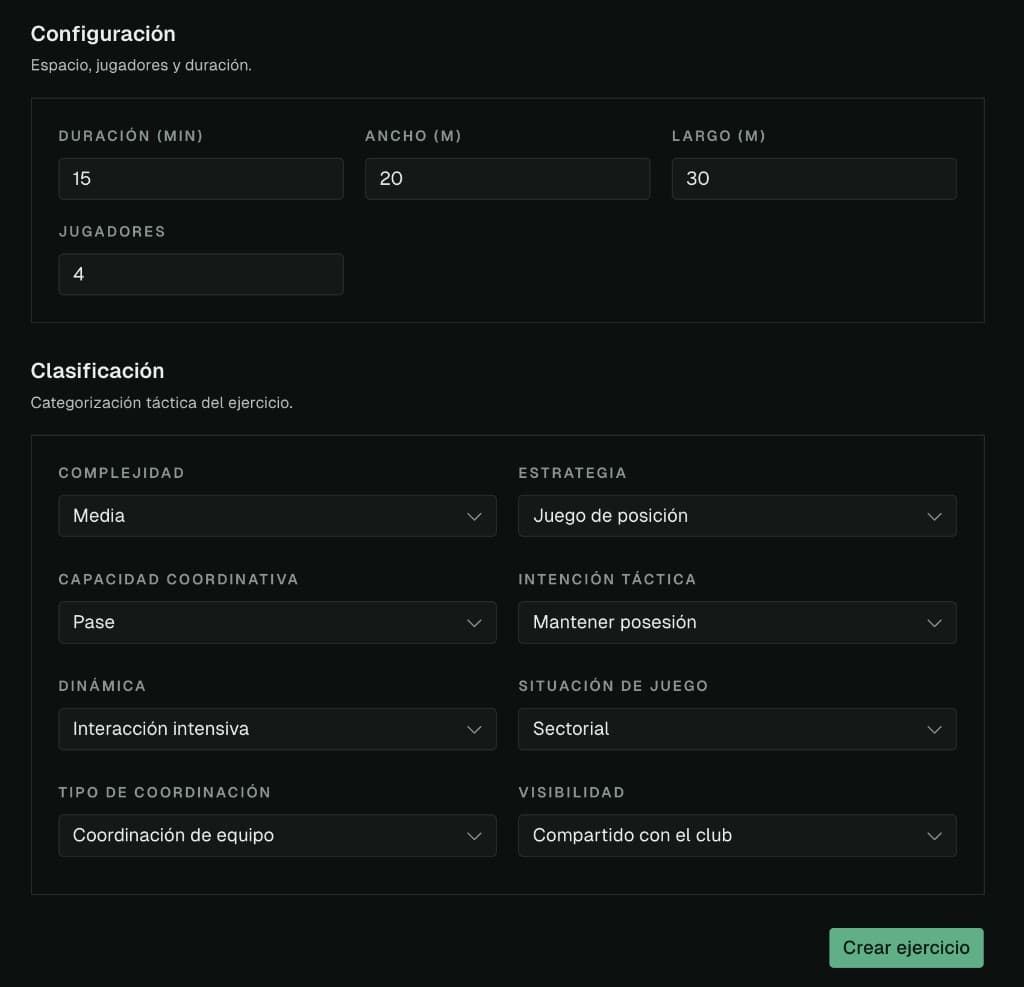 Staff form to create an exercise with space, duration, players, and tactical classification dropdowns