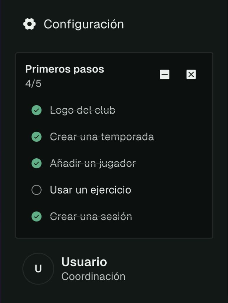 Staff settings sidebar with Primeros pasos checklist at four of five steps