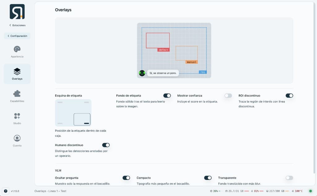 Overlays settings with label corner, dashed ROI, human vs model, and a preview of detection boxes