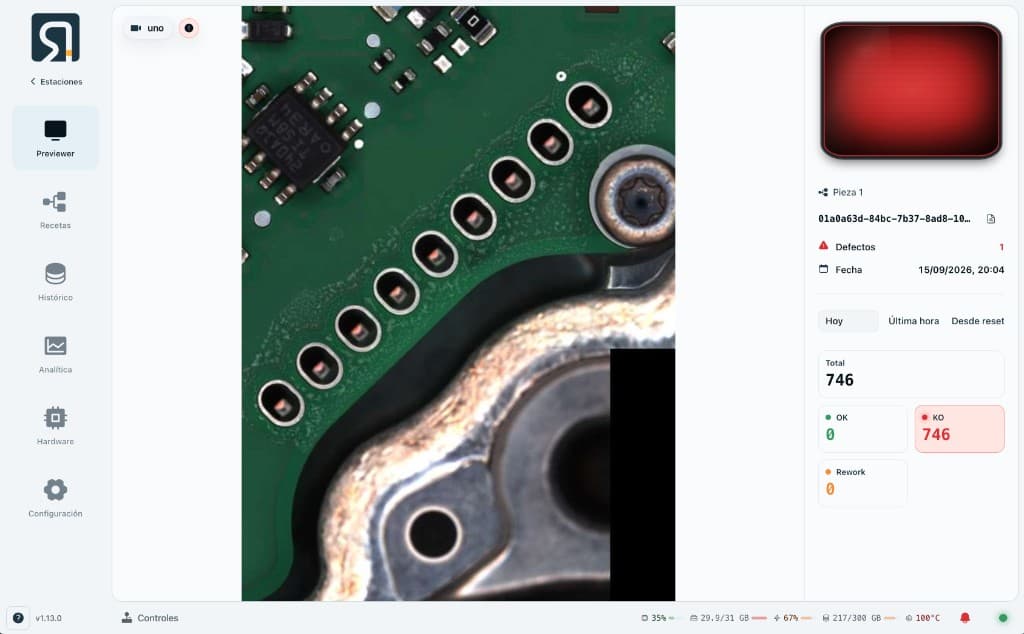 Station Preview with a live PCB camera feed, piece identity, defect count, and OK/KO totals